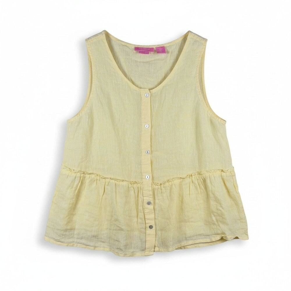 Isaac Mizrahi 100% Linen Sleeveless Button Up Ruffle Peplum Top Yellow M Coastal